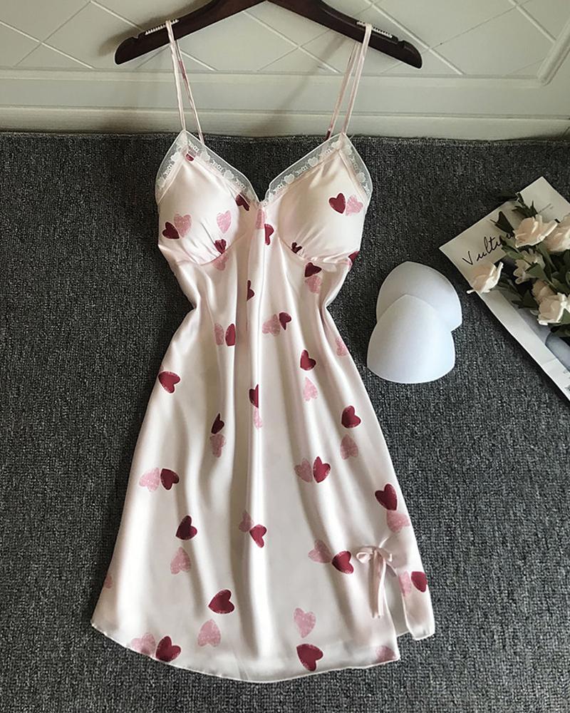 

Lace Trim Heart Print Satin Babydoll, Light pink