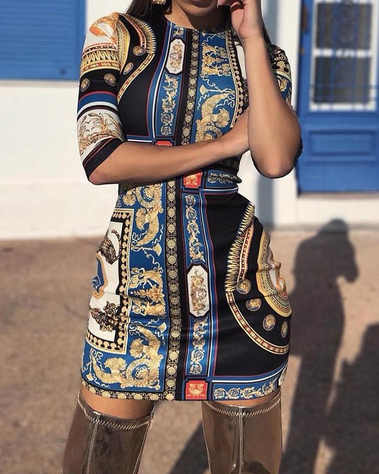 

Ethnic Print Bodycon Mini Dress, Blue