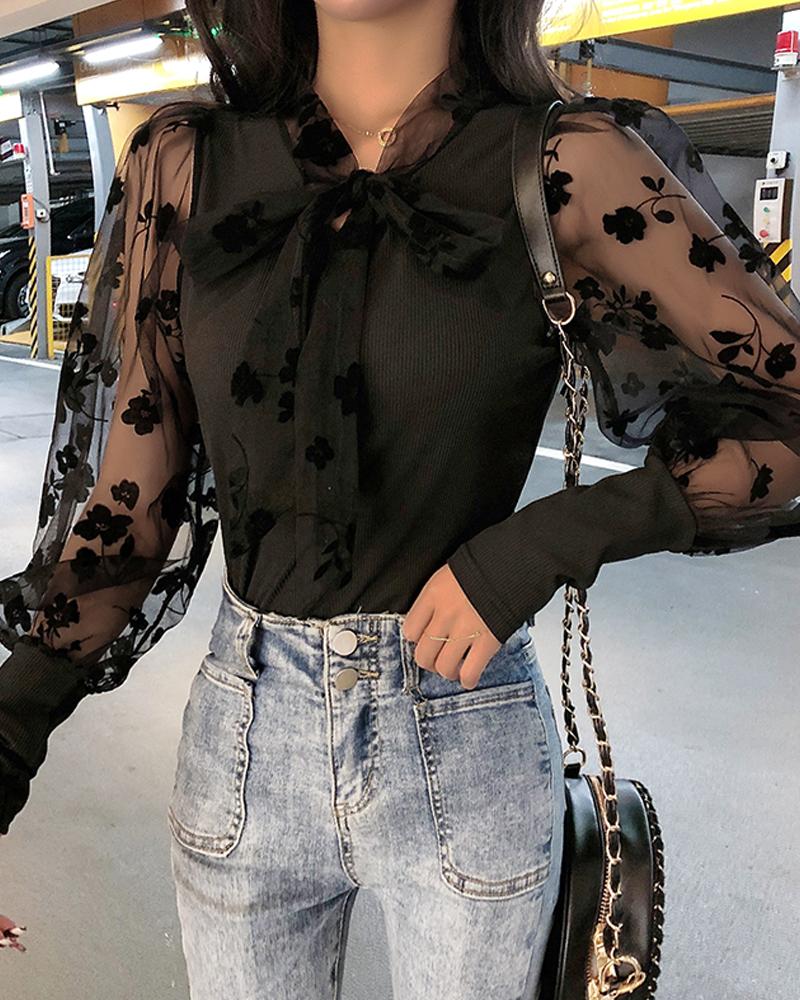 

Lace Patchwork Front Bowknot Blouse, Black