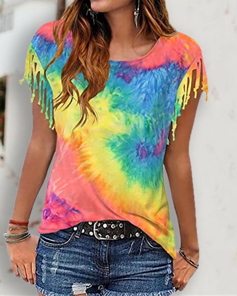 

Tie Dye Print Tassel Casual T-shirt, Blue