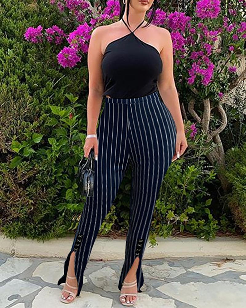 

Striped Colorblock Slit Bootcut Pants, Dark blue
