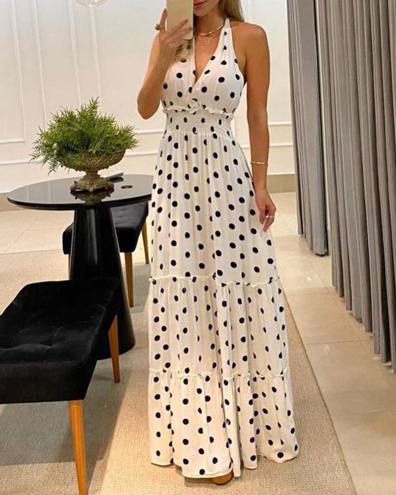 

Polka Dot Print Halter Sleeveless Dress, White