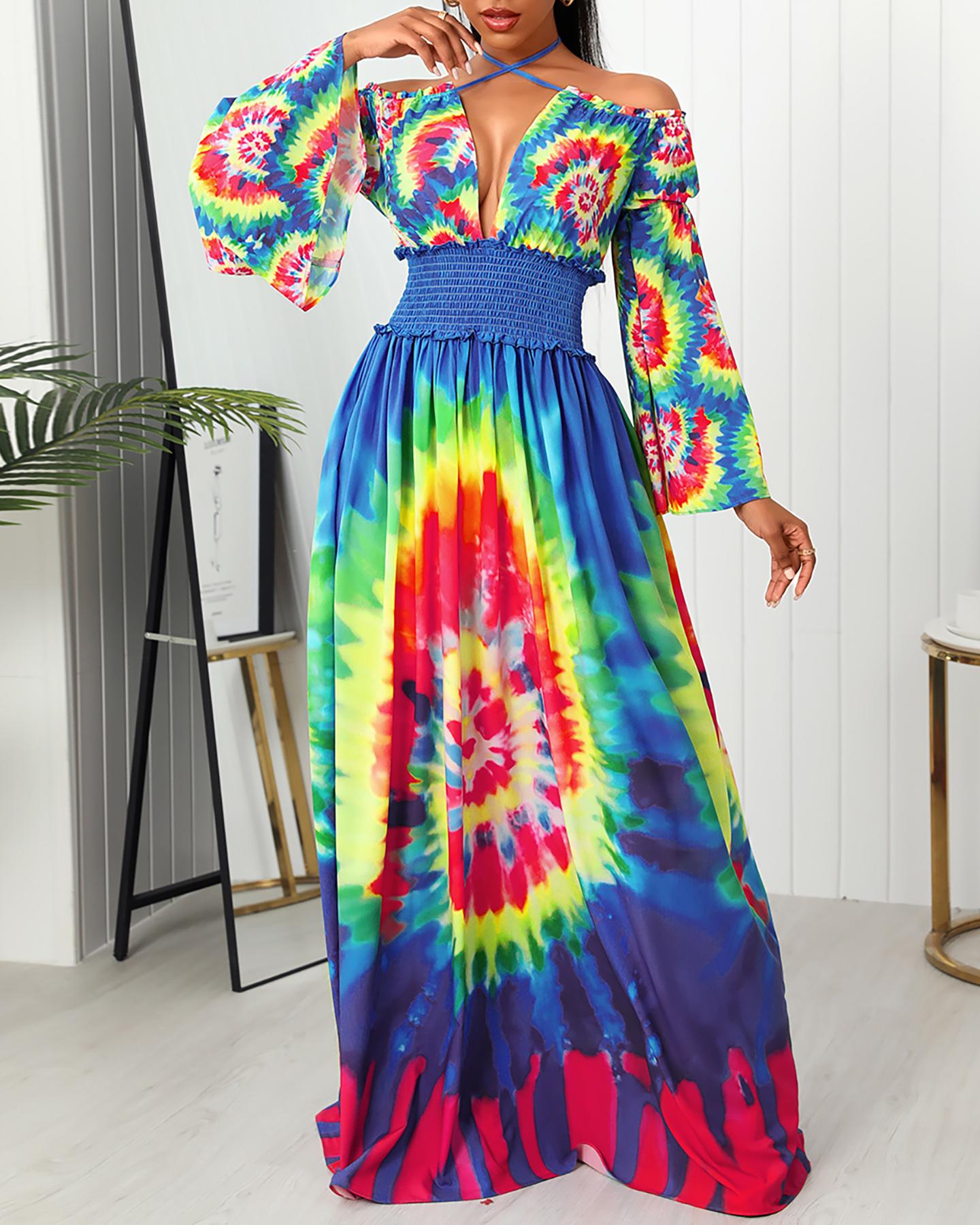 

Tie Dye Print Bell Sleeve Maxi Dress, Multicolor
