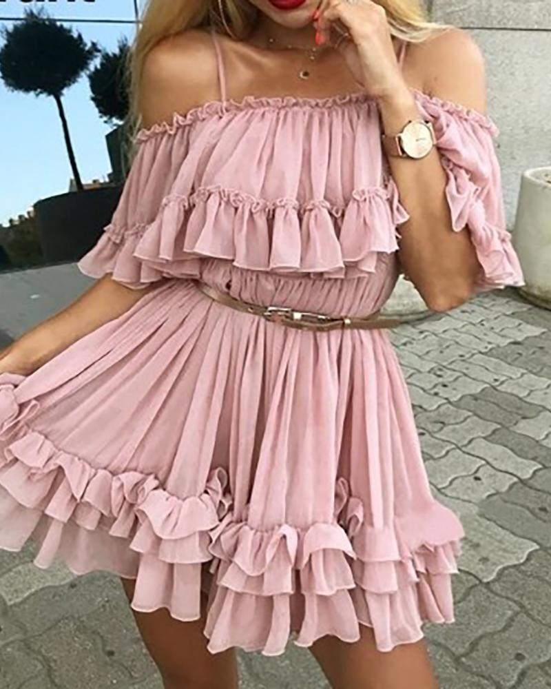

Cold Shoulder Frill Layered Ruffles Dress, Pink