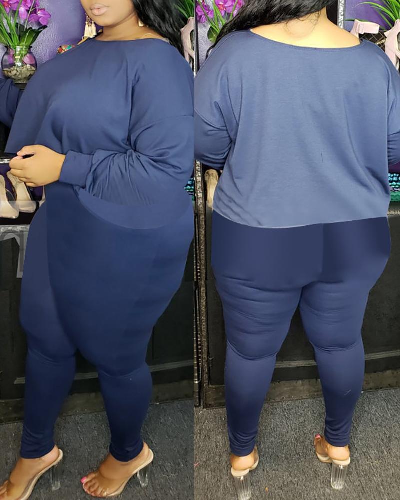 

Plus Size Plain Top & Pants Set, Dark blue
