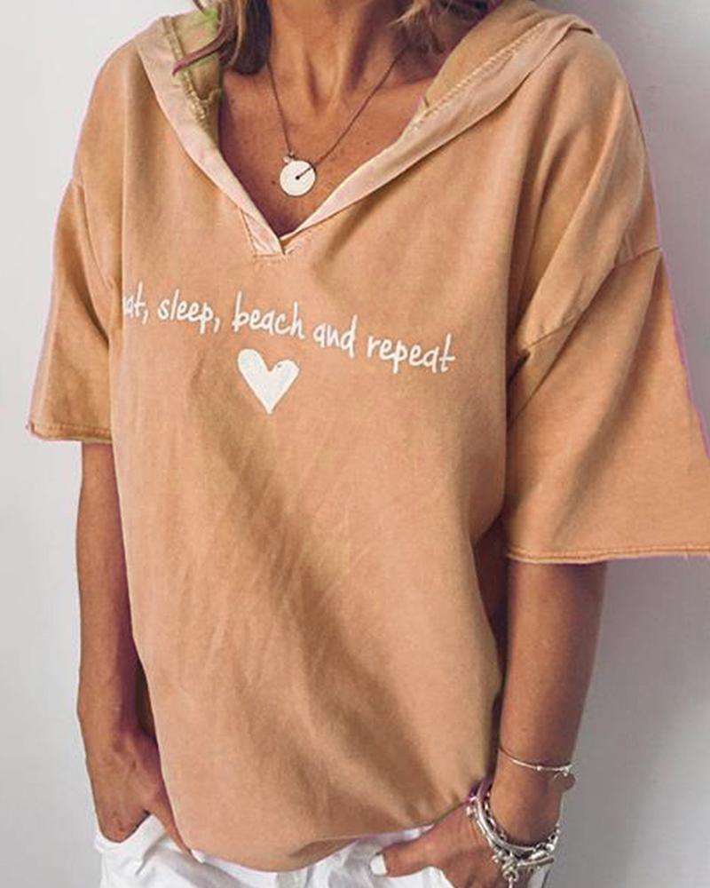 

Hooded Letter Print Casual T-shirt, Coffee