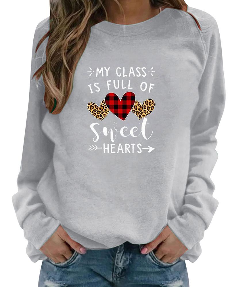 

Letter Heart Print Long Sleeve Sweatshirt, Gray