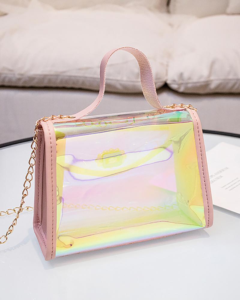 

Laser Colorblock Chain Satchel Bag, Pink