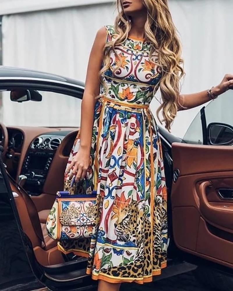 

Floral Cheetah Print Sleeveless Ruched Casual Dress, Yellow