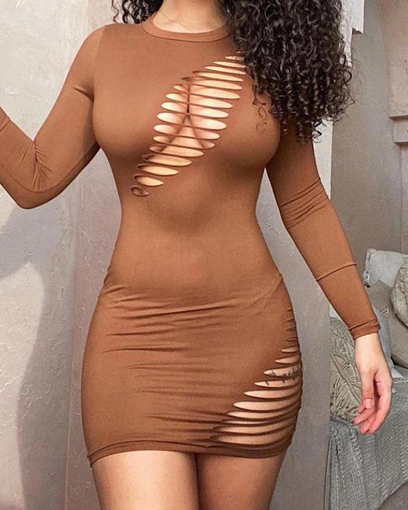 

Solid Color Hollow-out Long Sleeve Skinny Mini Dress, Brown