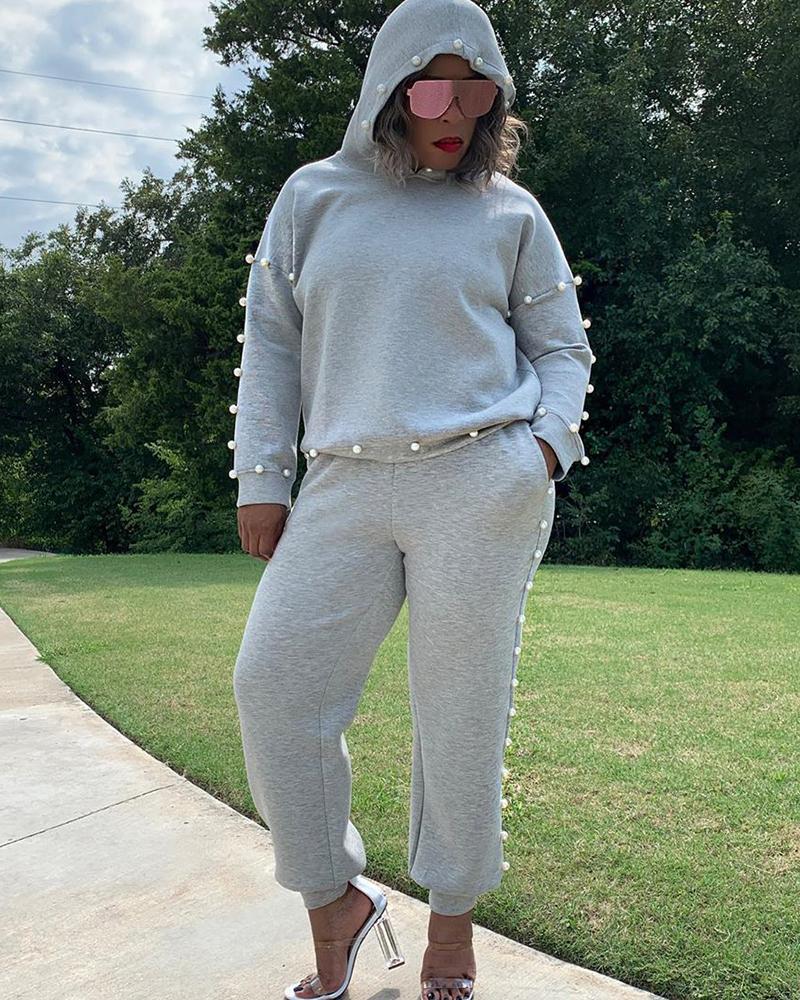

Beaded Long Sleeve Hoodie & Pocket Design Pants Set, Gray