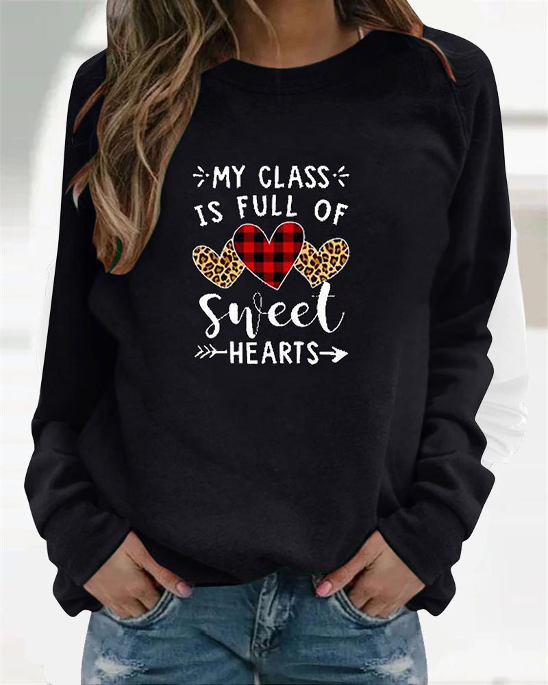 

Letter And Heart Long Sleeve Women Blouse, Black