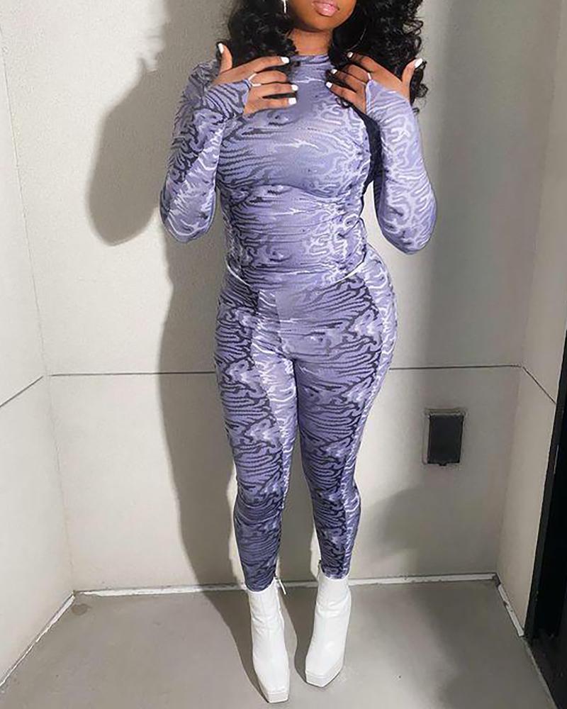 

All Over Print Long Sleeve Top & Pants Set, Gray