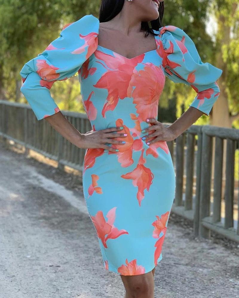 

Puff Gigot Sleeve Square Neck Floral Print Dress, Blue