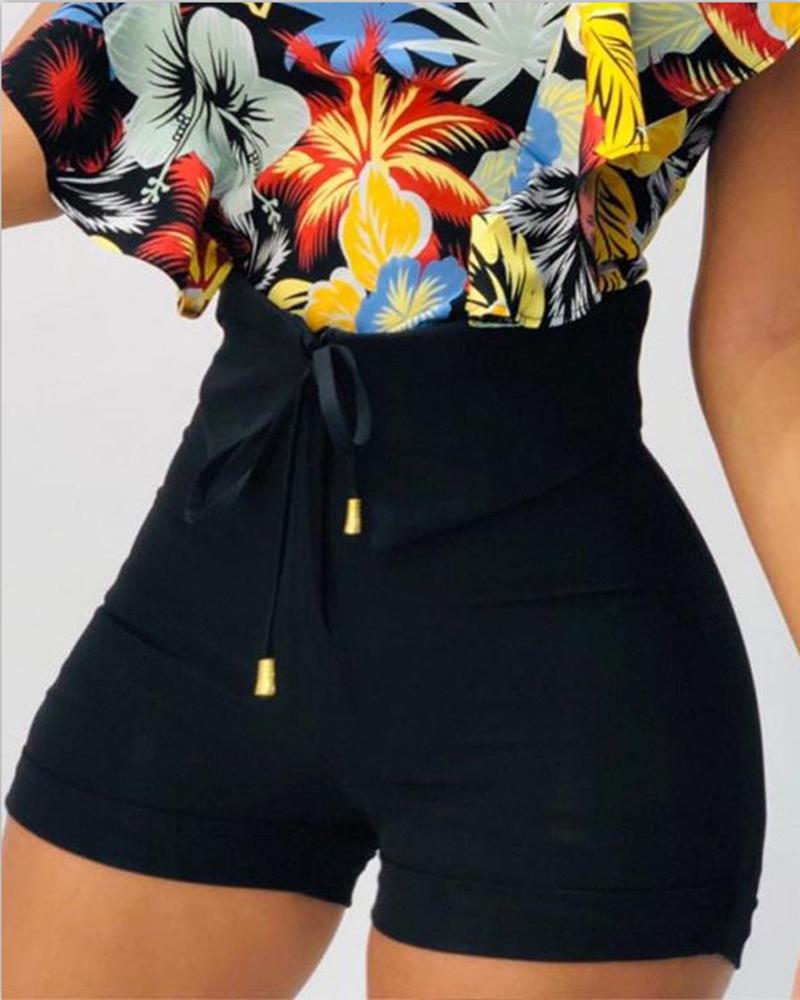 

Drawstring High Waist Casual Shorts, Black