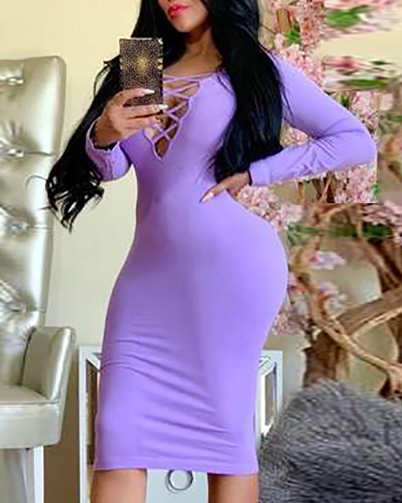 

Solid Lace-up Long Sleeve Bodycon Women Dress, Purple