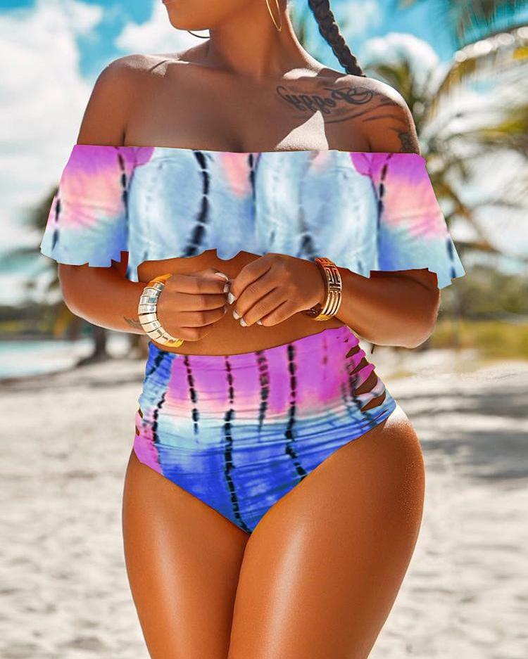 

Tie Dye Print Ruffles Ladder Cut Out Bikini Set, Multicolor