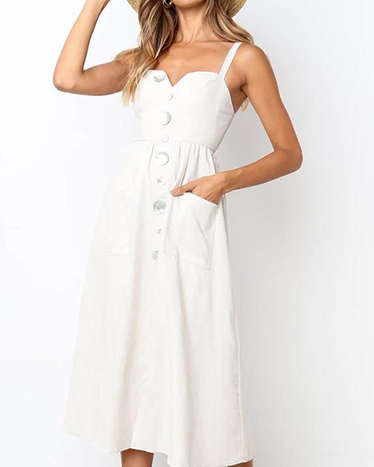 Thin Strap Button Pocket Design Casual Dress