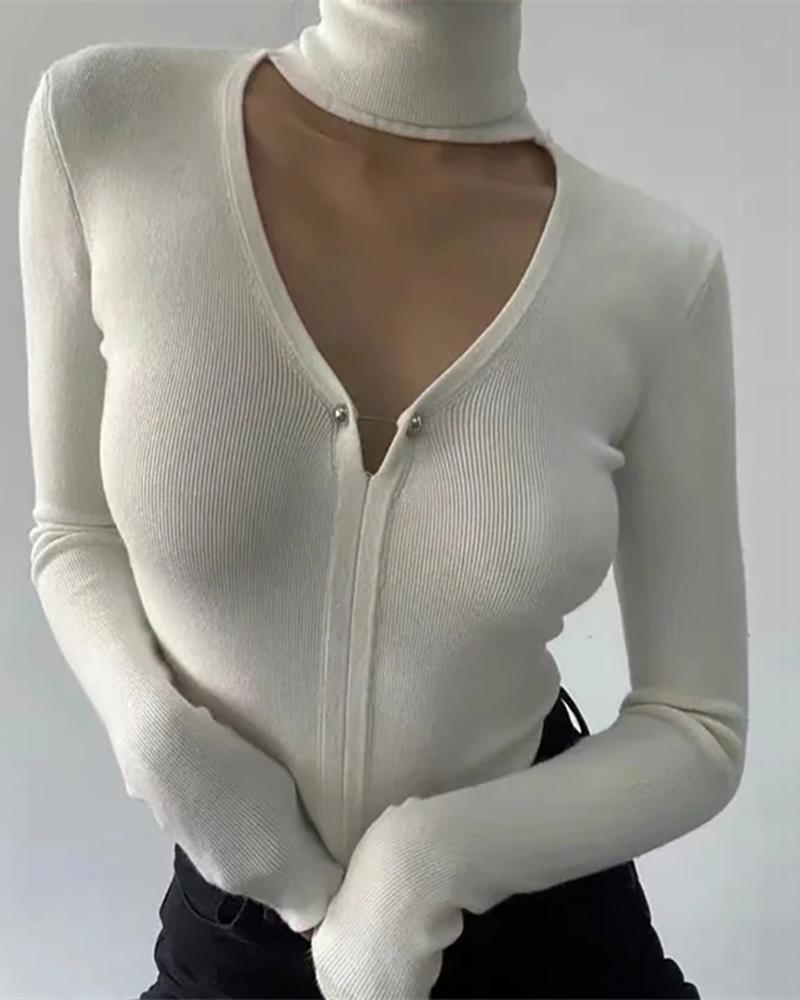 

Plain Cutout Front Long Sleeve Knit Top, White