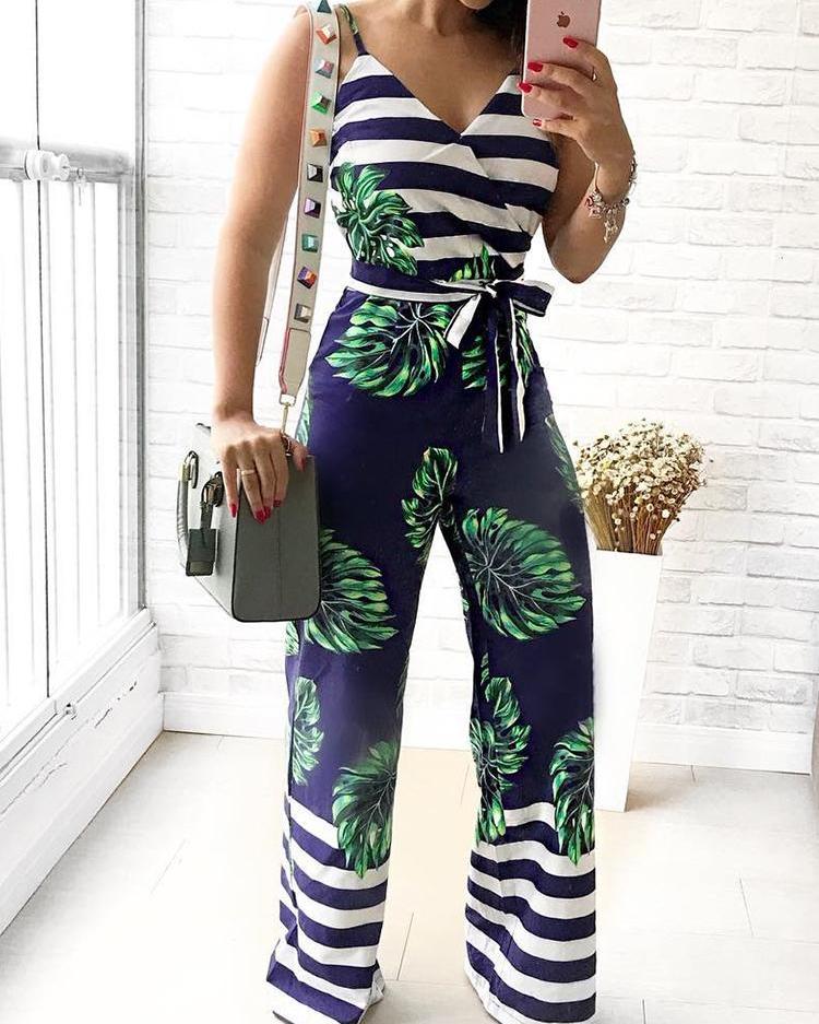 

Leaf Print Striped Belted Wide Leg Jumpsuit, Blue