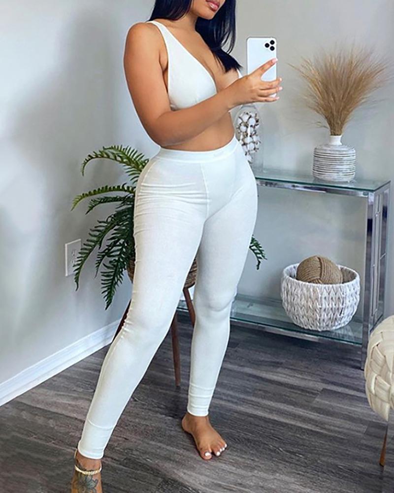

Colorblock Crop Top & High Waist Pants Set, Beige