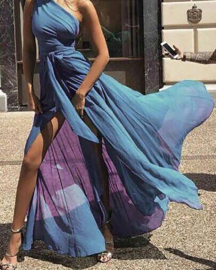

One Shoulder Tie Waist High Slit Maxi Dress, Blue
