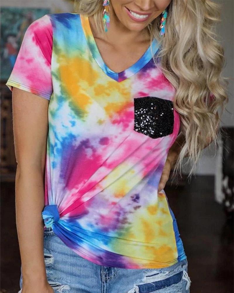 

Tie Dye Contrast Pocket Casual T-Shirt, Multicolor