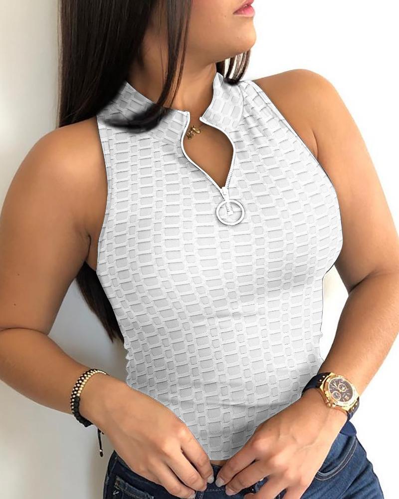 

Zipper Front Bubble Textured Support Yoga Gym Workout Tops, White