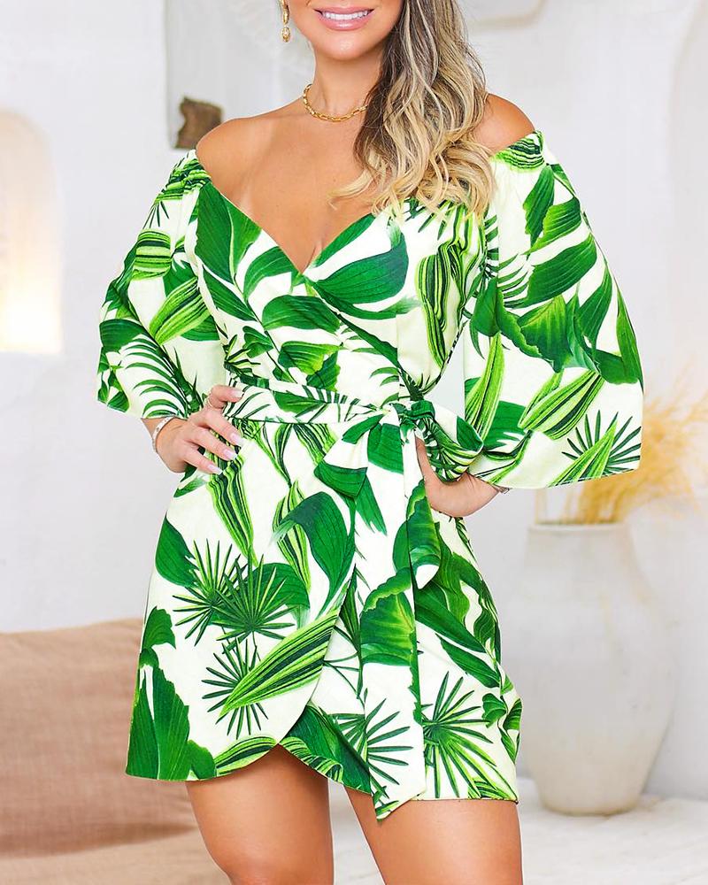 

Off Shoulder Botanical Print Wrap Dress, Light green