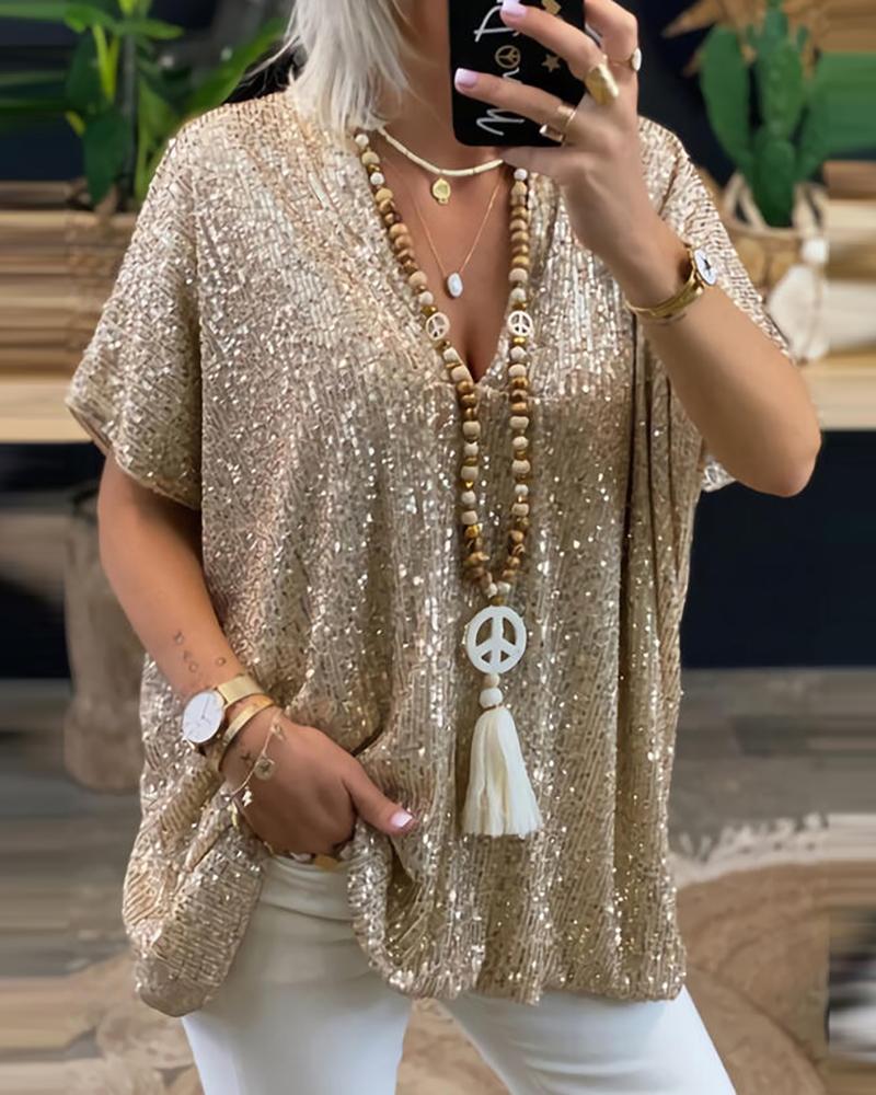

Sequins V Neck Short Sleeve T-Shirt, Gold