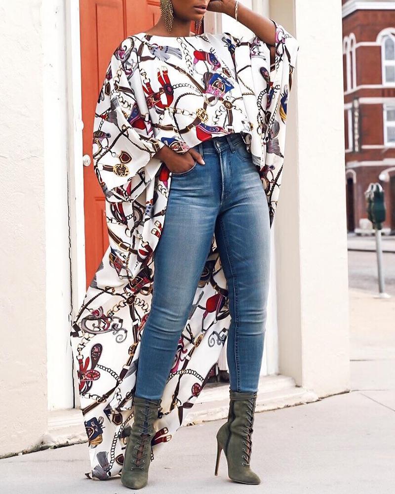

Chain Print Batwing Sleeve Dip Hem Blouse, White