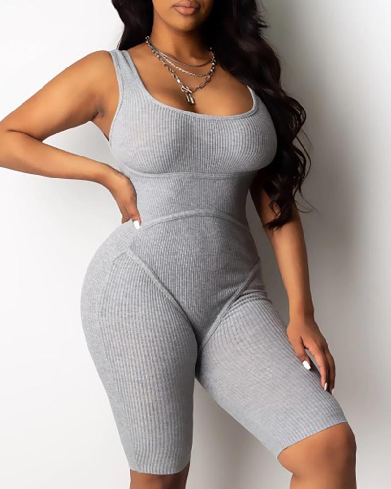 

U-Neck Thick Strap Fitted Romper, Gray