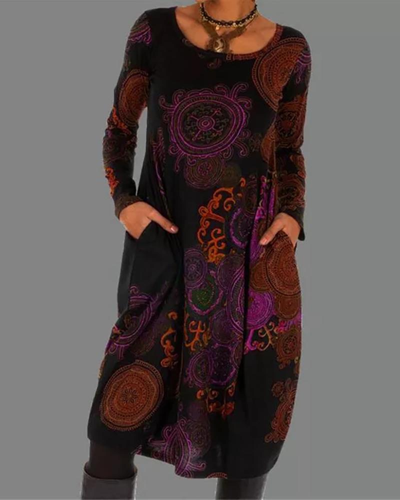 

Plus Size Colorblock Pocket Design Long Sleeve Dress, Purple