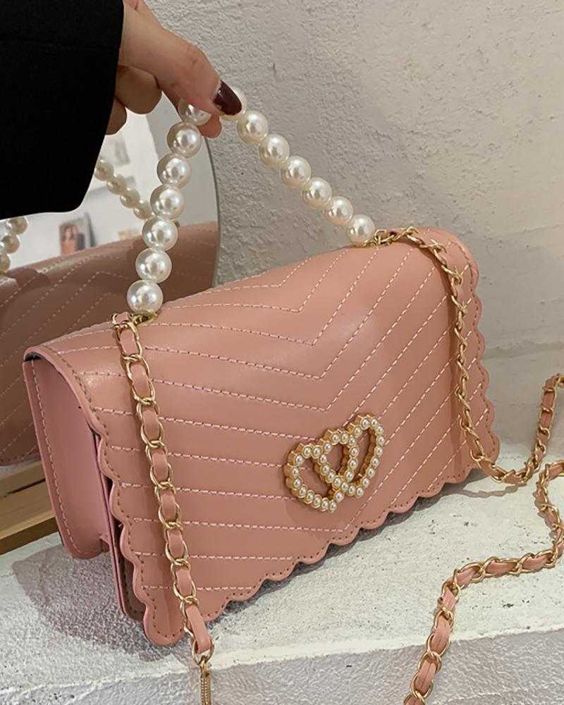 

Beaded Strap Chevron Heart Pattern Shoulder Bag, Pink