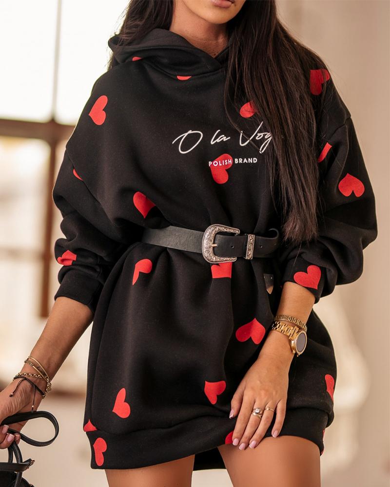 

Heart Letter Print Casual Hoodie Dress, Black