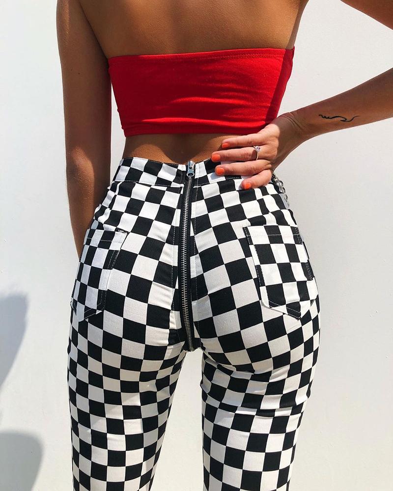 

Zipper Back Pocket Design Plaid Print Pants, Black