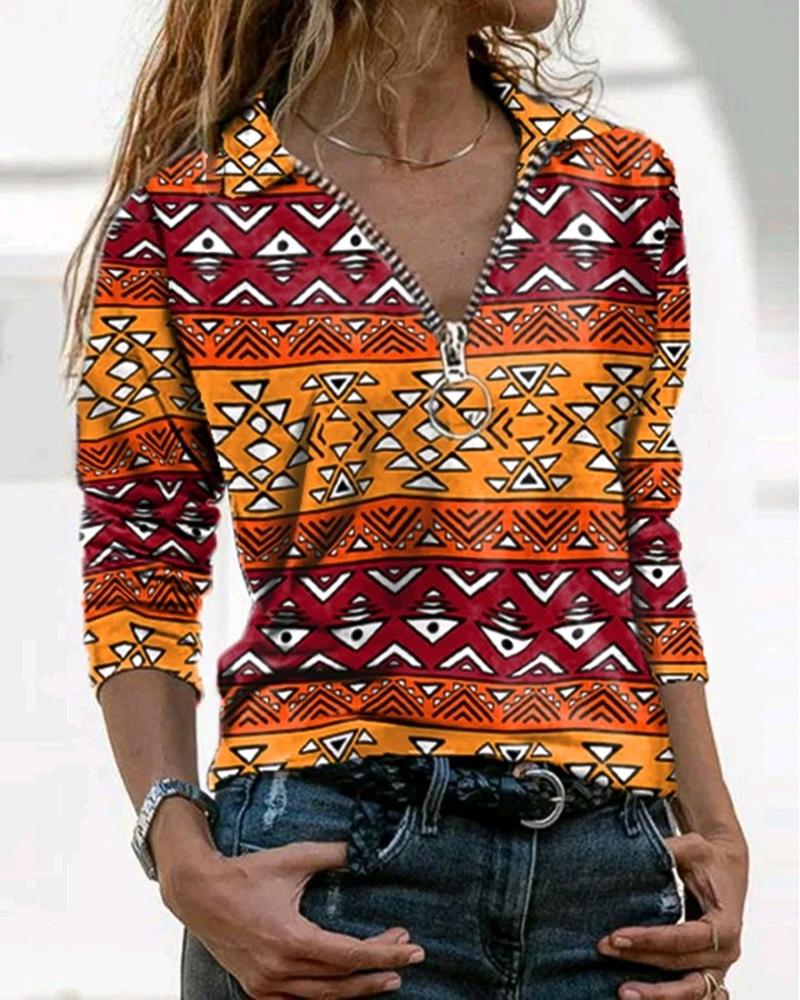 

Geometric Print Zipper Front Long Sleeve Top, Orange