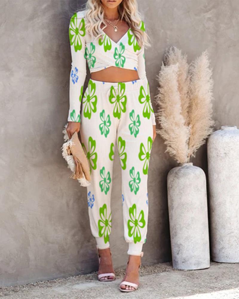 

Four Leaf Clover Print Tie Dye Long Sleeve Cropped Tops Suit Sets, Green