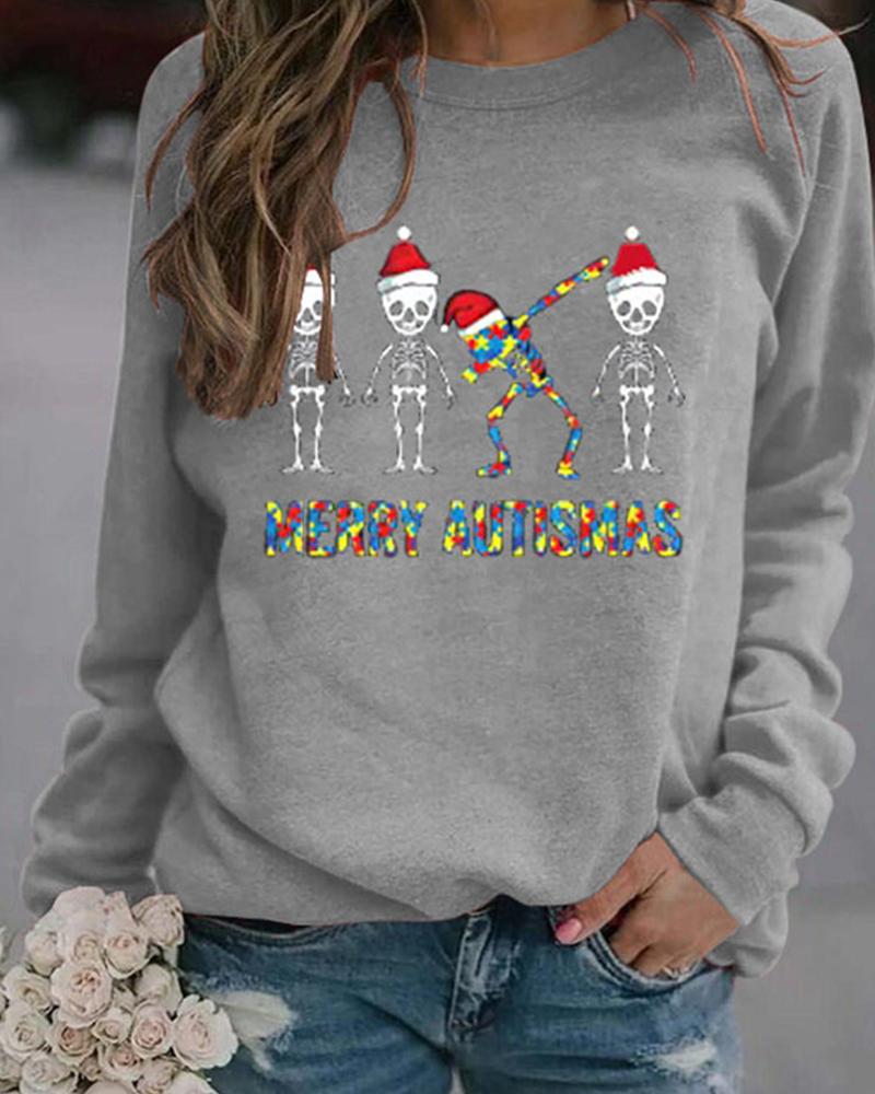 

Christmas Skull Letter Print Long Sleeve Sweatshirt, Gray