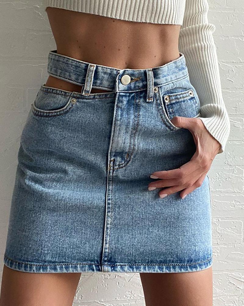 

High Waist Cutout Casual Denim Skirt, Blue