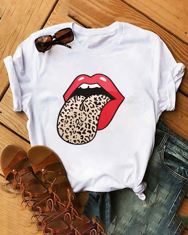 

Leopard Lip Print Short Sleeve Casual T-shirt, White