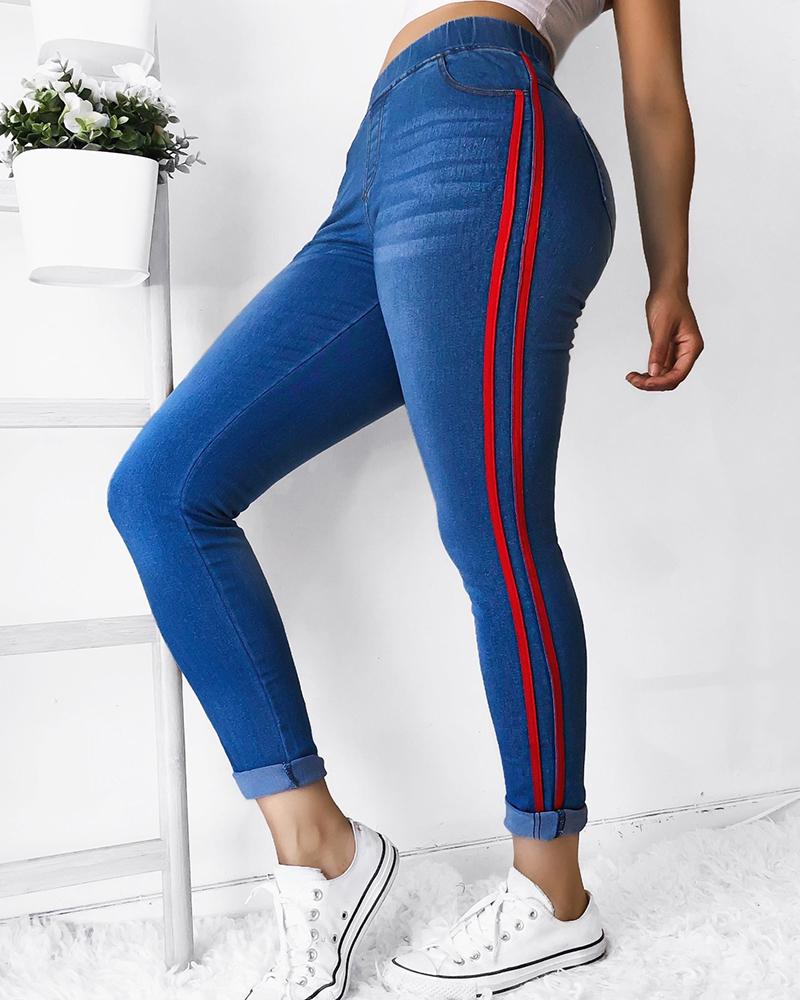 

Striped Tape High Waist Skinny Jeans, Purplish blue