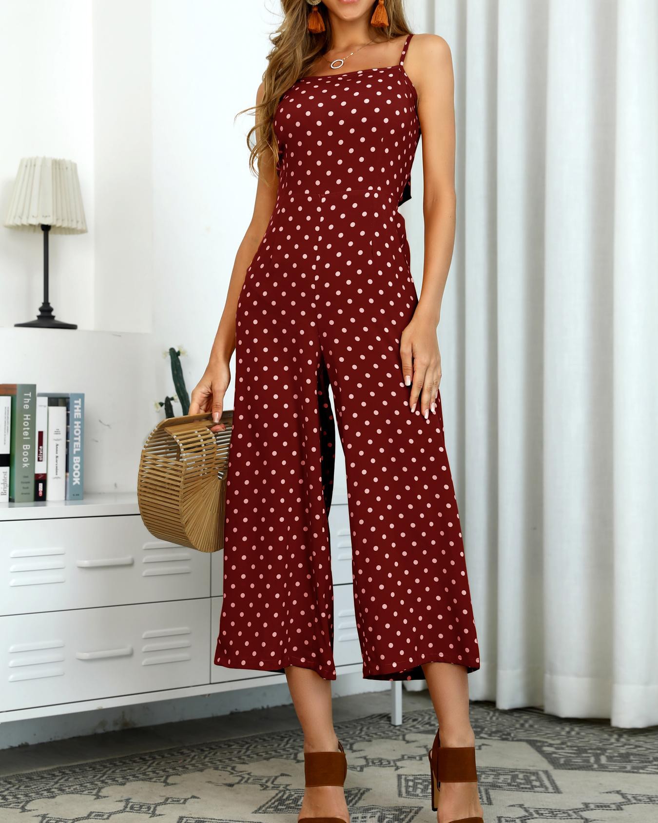 v neck open back dot slit jumpsuit
