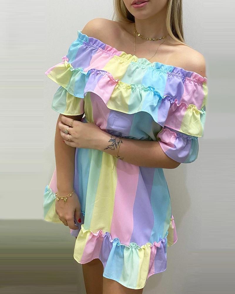 

Colorblock Off Shoulder Frill Hem Dress, Multicolor