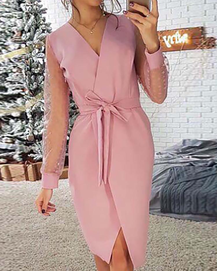 

Mesh Sleeve Surplice Wrap Dress, Pink