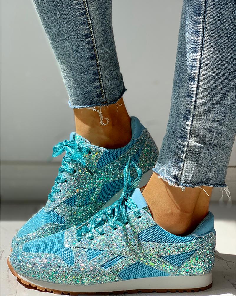 

Solid Sequins Lace-Up Sport Sneakers, Light blue