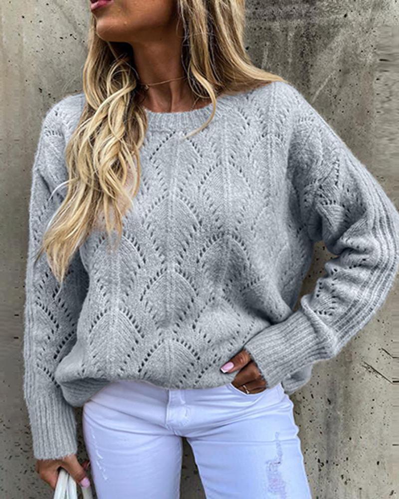 

Plain Hollow Out Long Sleeve Sweater, Gray