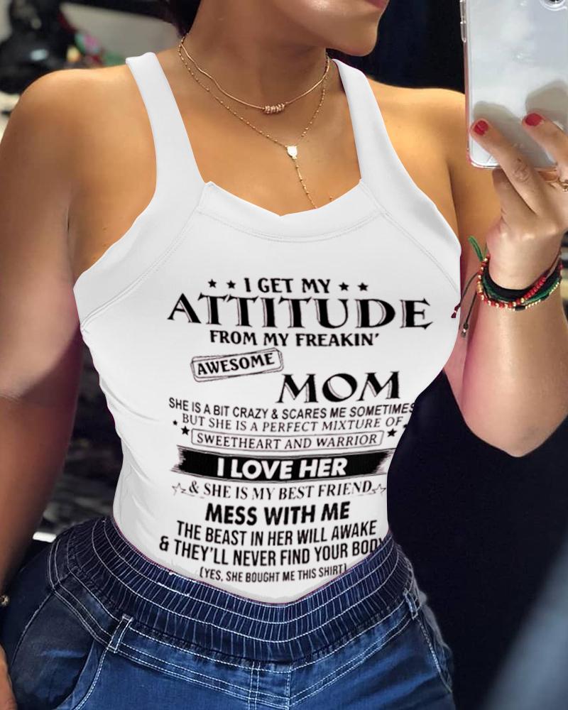 

Mother' Day Thick Strap Letter Print Fitted Top, White