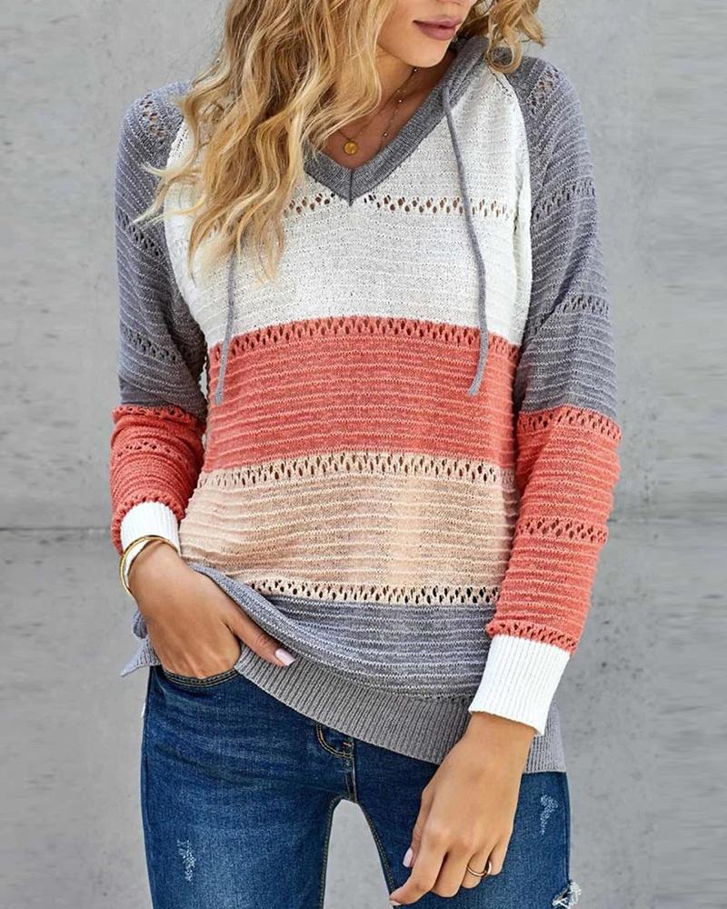 

Knit Colorblock Hollow Out Hooded Sweater, Orange