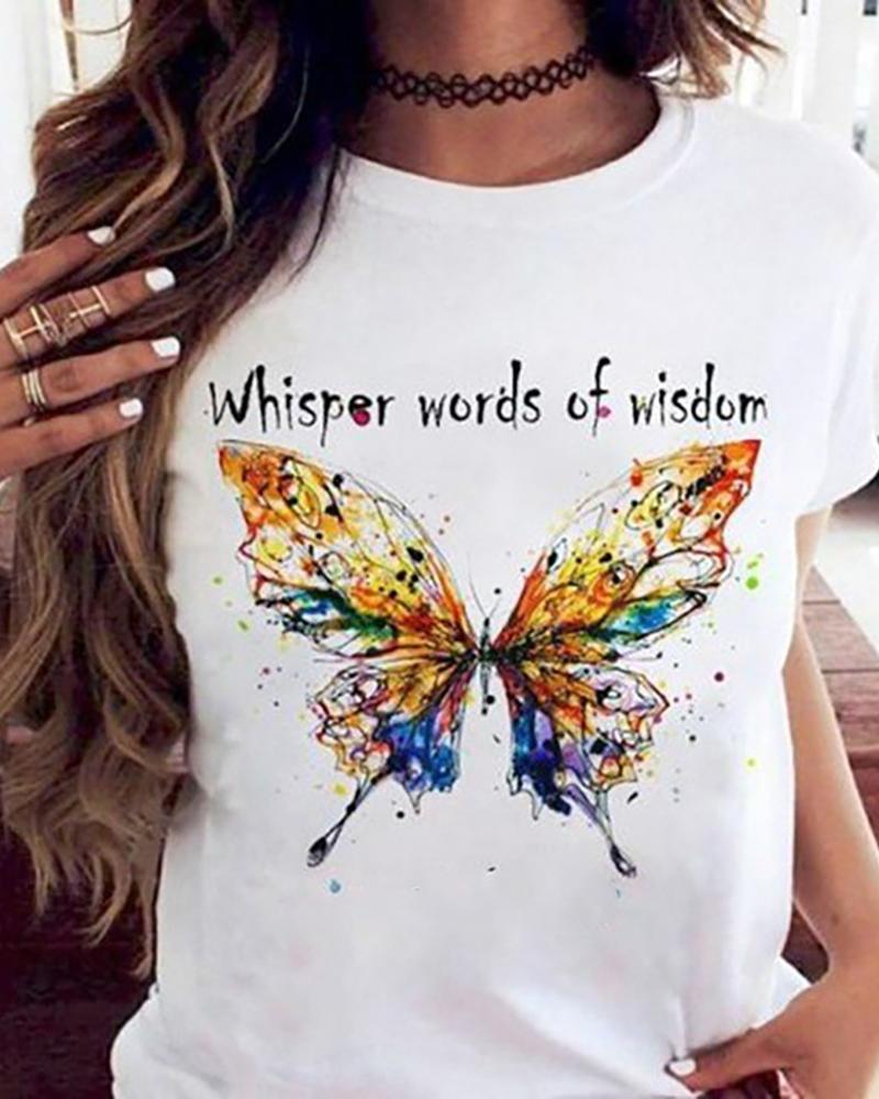 

Butterfly Print Short Sleeve Casual T-shirt, White
